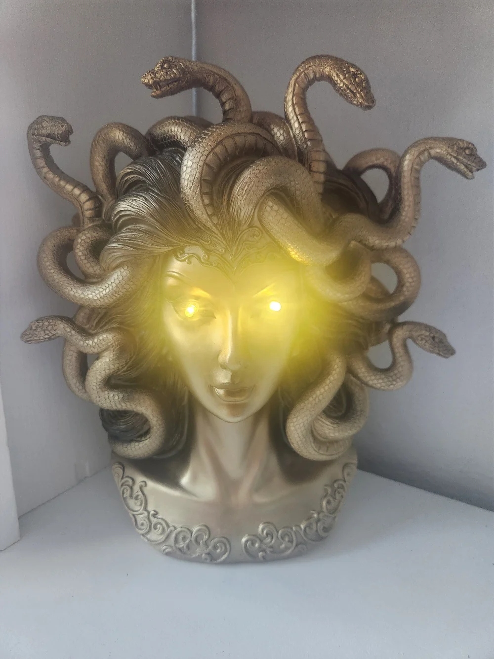 Metallic Gold Medusa Snake Headpiece Hair Bust With Light Up Eyes Resin